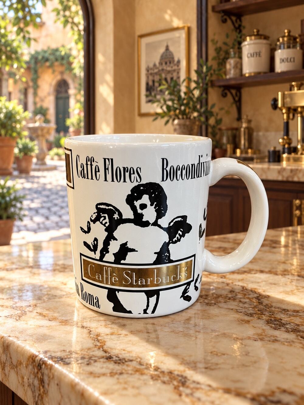 Starbucks Deborah Reinhart Italian Cafe Mug Una Tazza d'Oro Gold Cherubs